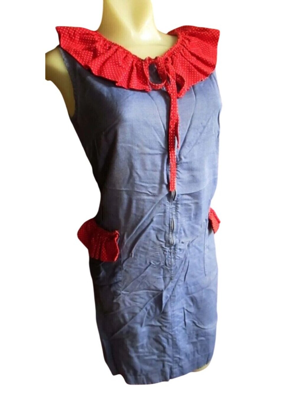 Medium True Vintage Womens Dress 8 60's Handmade Chambray Red Polka Dot Country